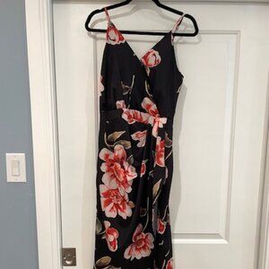 Black Satin Floral Midi High-Low Tulip Cocktail Dress, Size M